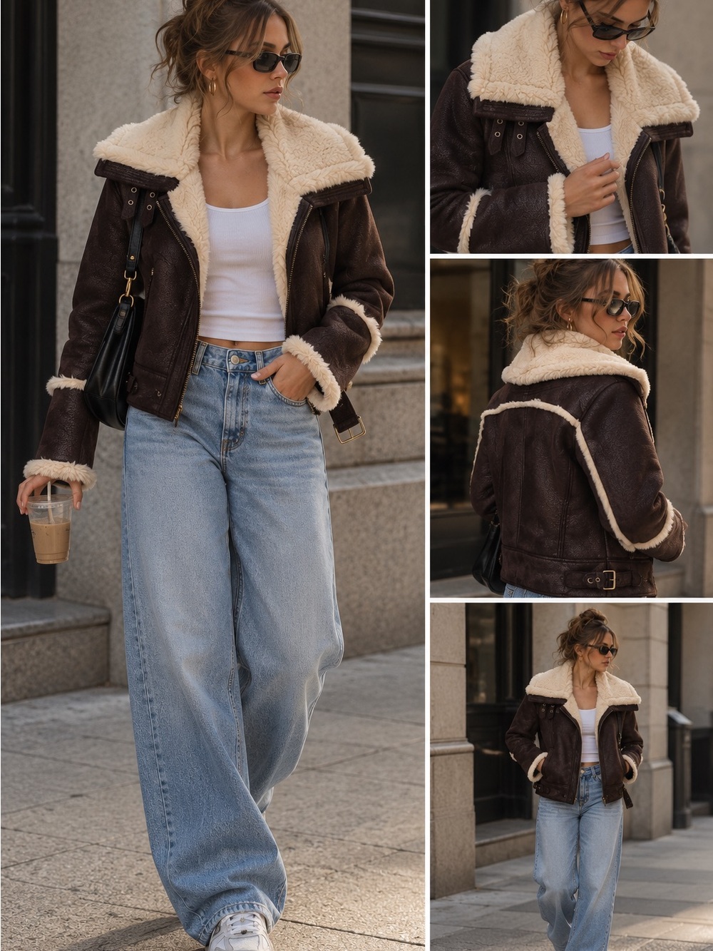 GUESS Women's Brown Faux Shearling Aviator Jacket - Classic Cozy Style